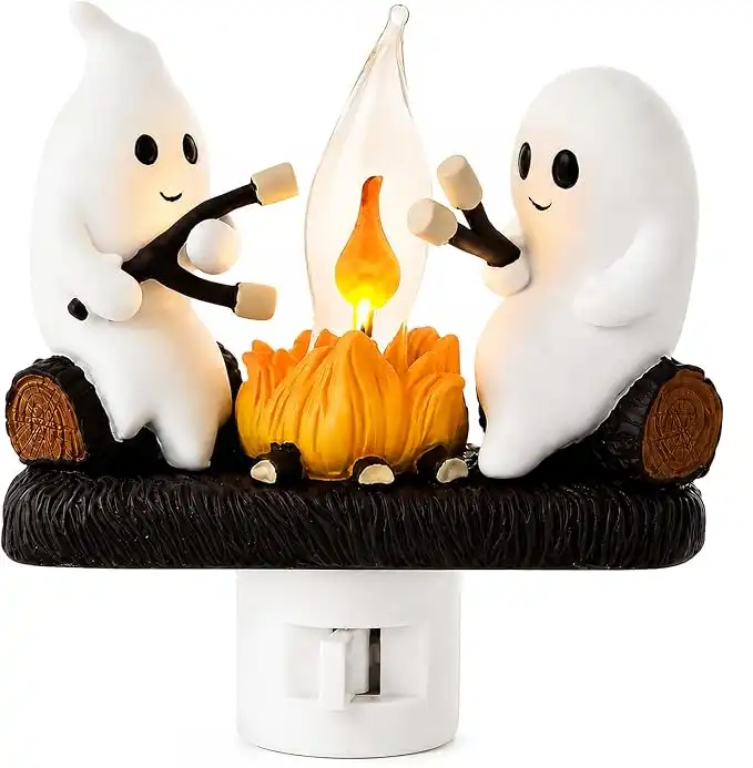 Host Campfire Night Light, Plug-in Wall Flickering Flame Nightlight, Halloween 3D Cute Spooky Marshmallow